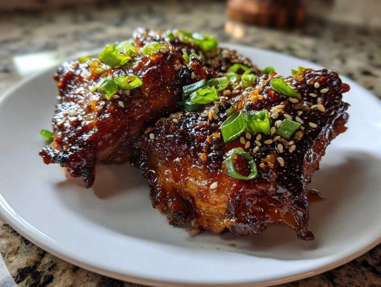 Close-up of two Sticky Honey Soy Chicken Thighs with Garlic, coated in a dark, glossy sauce and topped with sesame seeds and green onions.