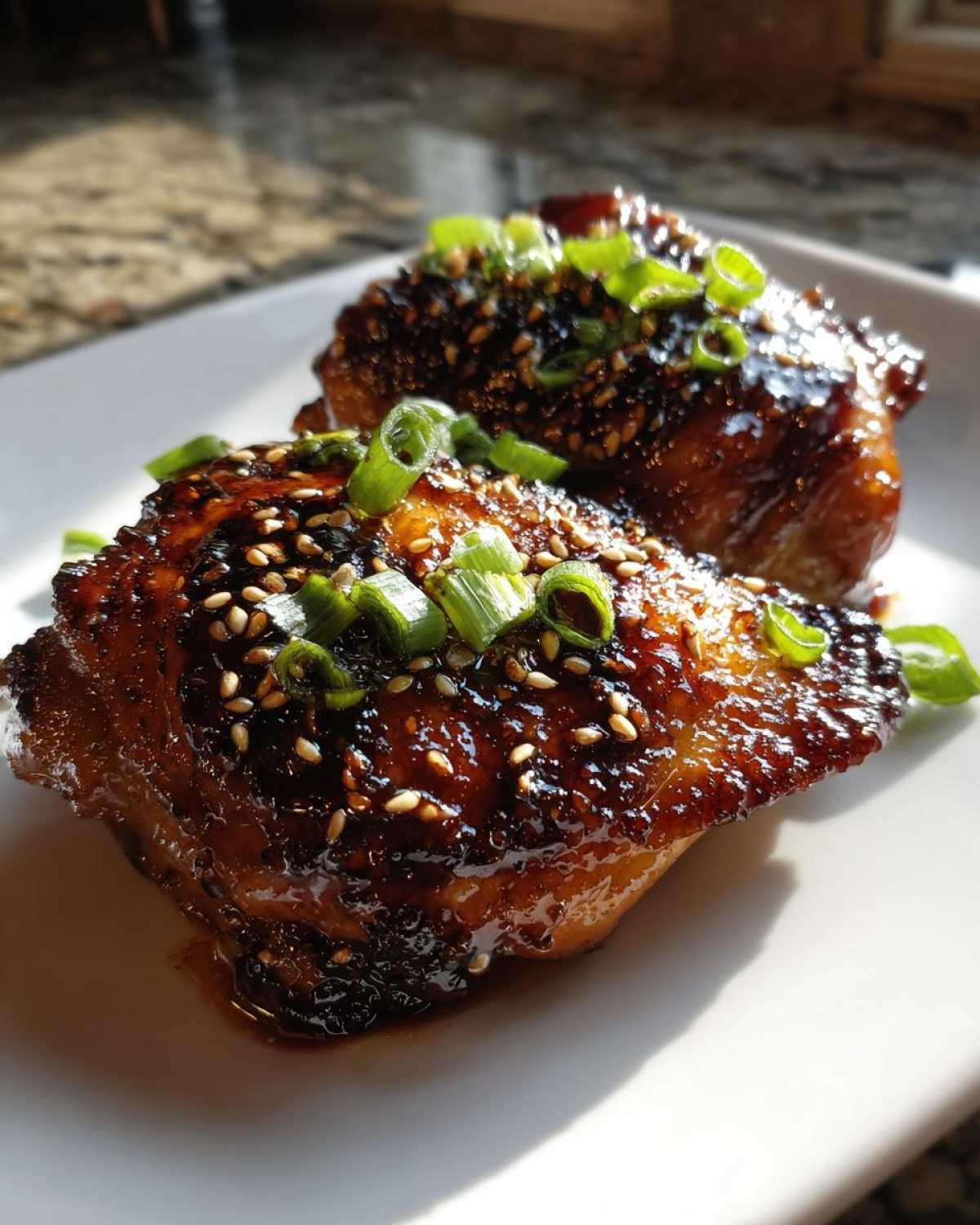 Two pieces of Sticky Honey Soy Chicken Thighs with Garlic, glazed dark brown and topped with sesame seeds and green onions.