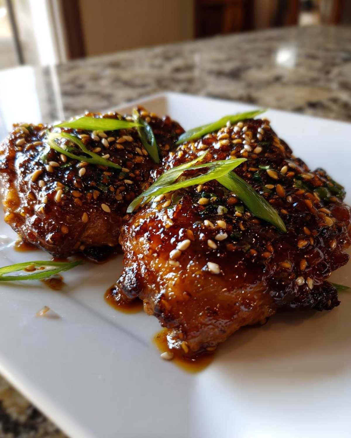 Close-up of two Sticky Honey Soy Chicken Thighs with Garlic, coated in a thick, glossy sauce and topped with sesame seeds and green onions.