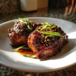 Two pieces of Sticky Honey Soy Chicken Thighs with Garlic, glazed dark brown and topped with sesame seeds and green onions.
