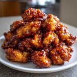 A close-up of a mound of crispy, glazed Sticky Orange Chicken Better Than Takeout piled high on a white plate.