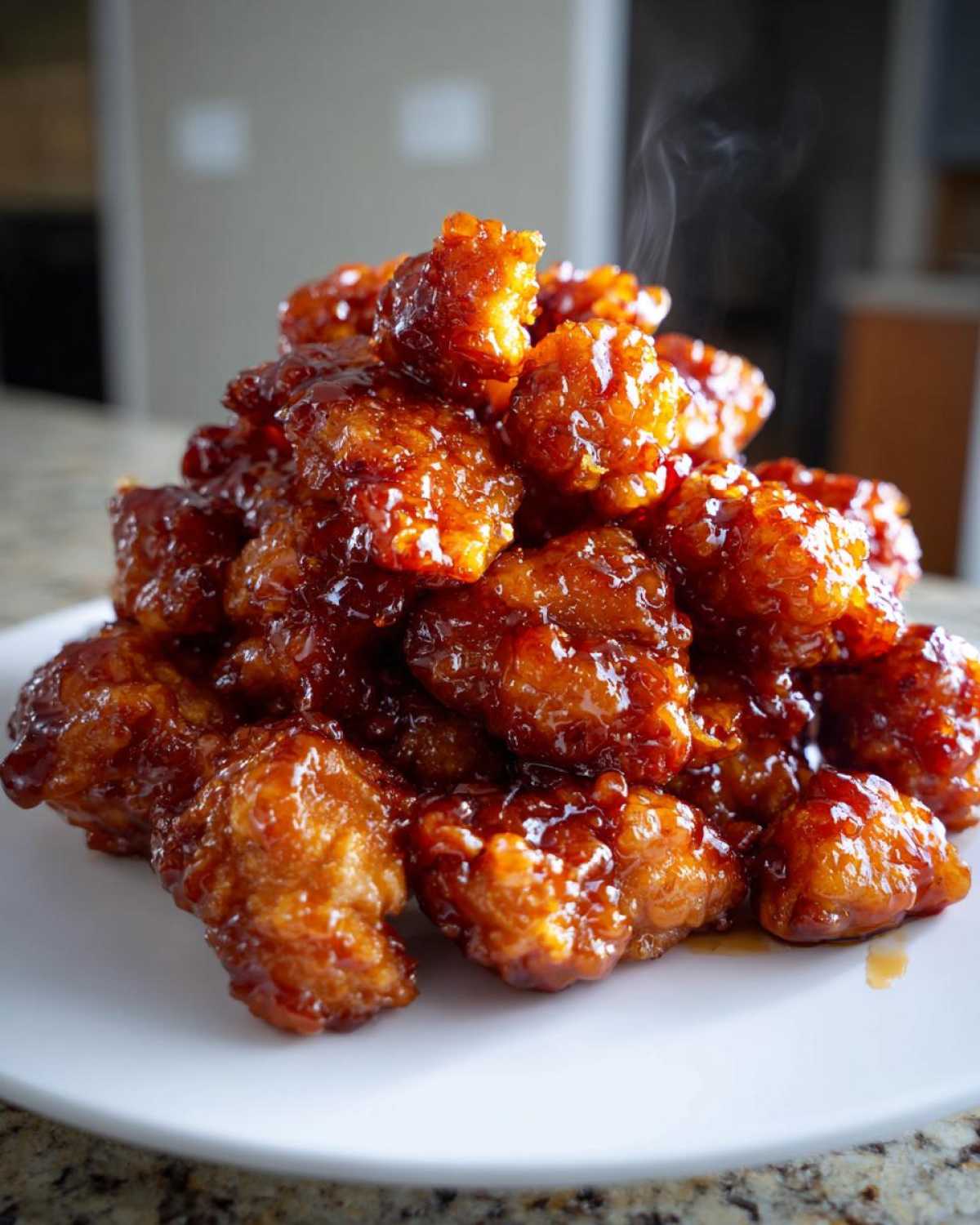 A mound of crispy chicken pieces coated in a thick, glossy sauce, representing Sticky Orange Chicken Better Than Takeout.