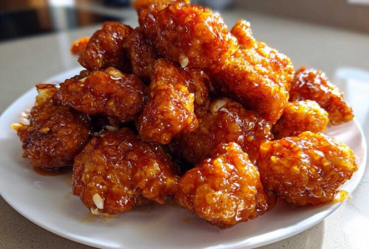 A close-up of a pile of crispy, glazed pieces of Sticky Orange Chicken Better Than Takeout on a white plate.