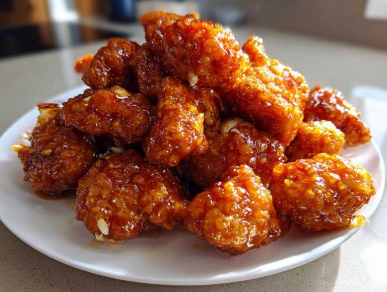 A close-up of a pile of crispy, glazed pieces of Sticky Orange Chicken Better Than Takeout on a white plate.
