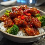 A close-up of a Sticky Orange Chicken Bowl with Rice and Veggies, featuring glazed chicken pieces over white rice and bright green broccoli.