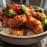 Close-up of a Sticky Orange Chicken Bowl with rice, bright green broccoli florets, and sesame seeds.