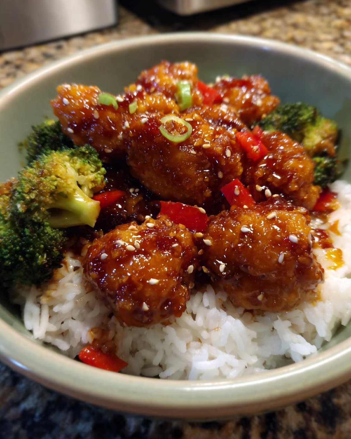 Close-up of a Sticky Orange Chicken Bowl with rice, topped with glazed chicken pieces, broccoli florets, and sesame seeds.