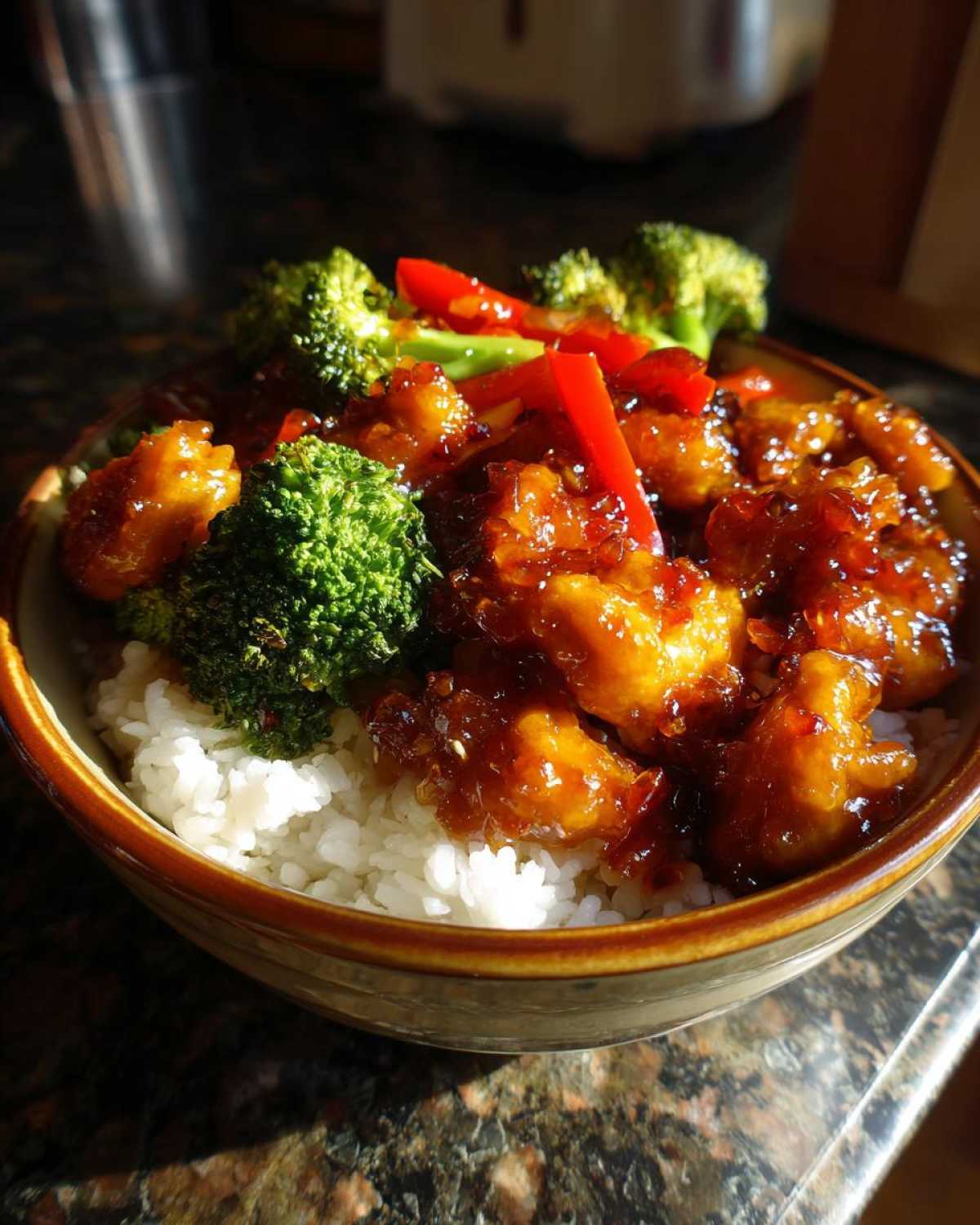 Close-up of a Sticky Orange Chicken Bowl with rice, vibrant broccoli florets, and red pepper strips.