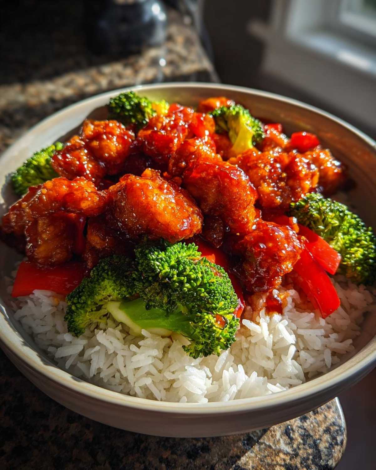 Close-up of a Sticky Orange Chicken Bowl with Rice and Veggies, featuring glazed chicken, bright green broccoli, and red peppers over white rice.