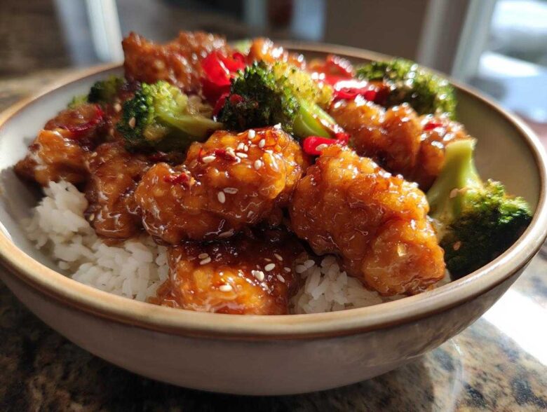 Close-up of a Sticky Orange Chicken Bowl with rice, bright green broccoli florets, and sesame seeds.