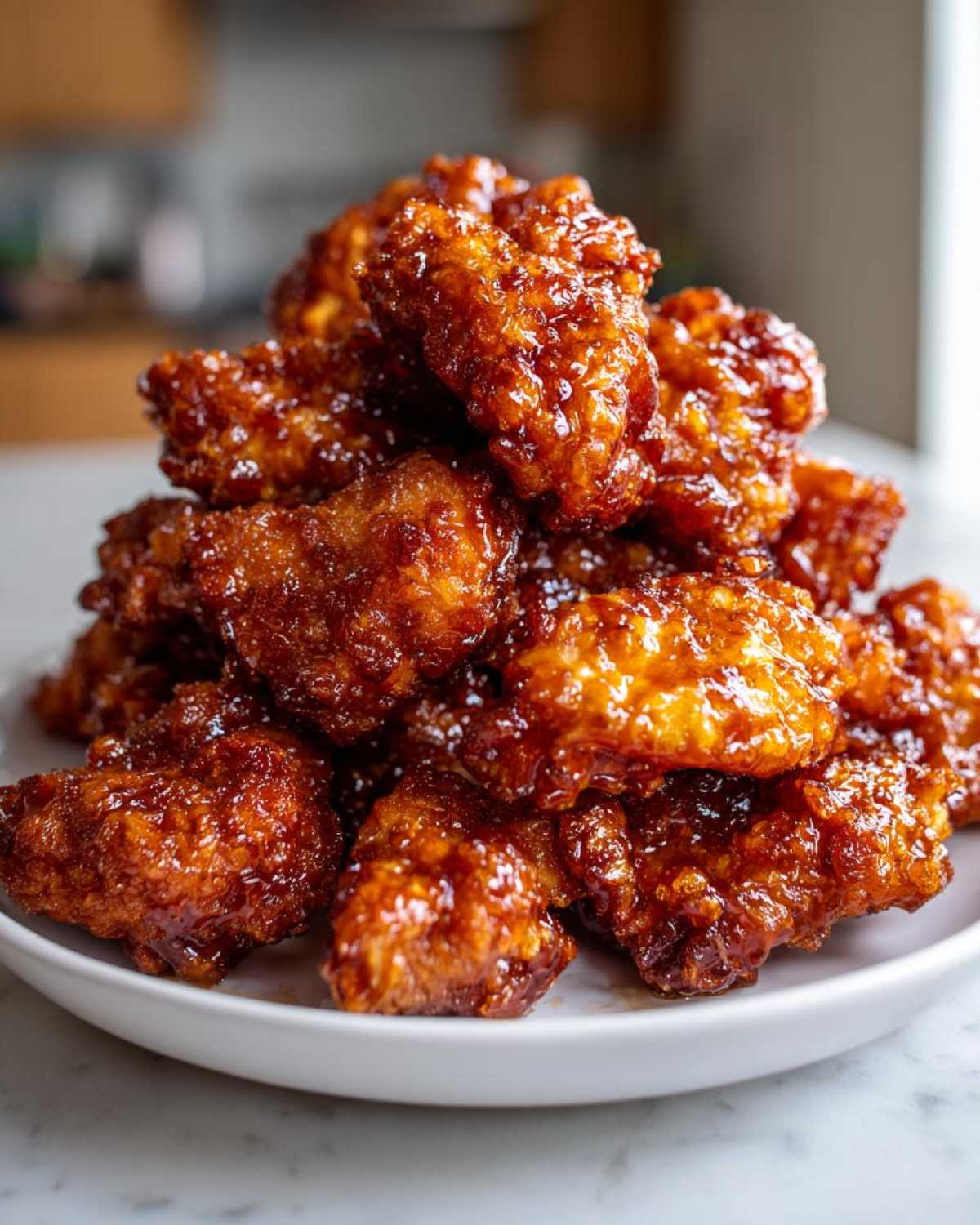 A tall pile of crispy, glazed Sticky Orange Chicken Better Than Takeout served on a white plate.