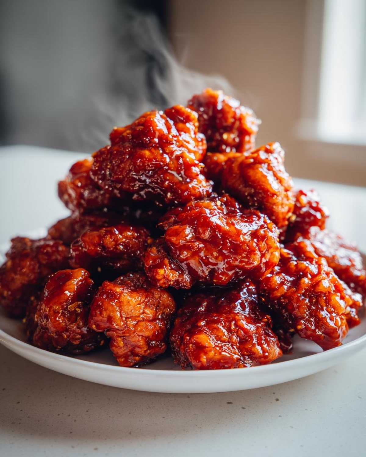 A mound of hot, glistening Sticky Orange Chicken Better Than Takeout piled high on a white plate, with visible steam rising.