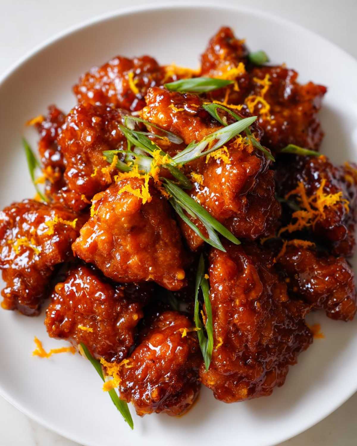 A plate piled high with glistening, saucy Sticky Orange Chicken Thighs Better Than Takeout, garnished with green onions and orange zest.