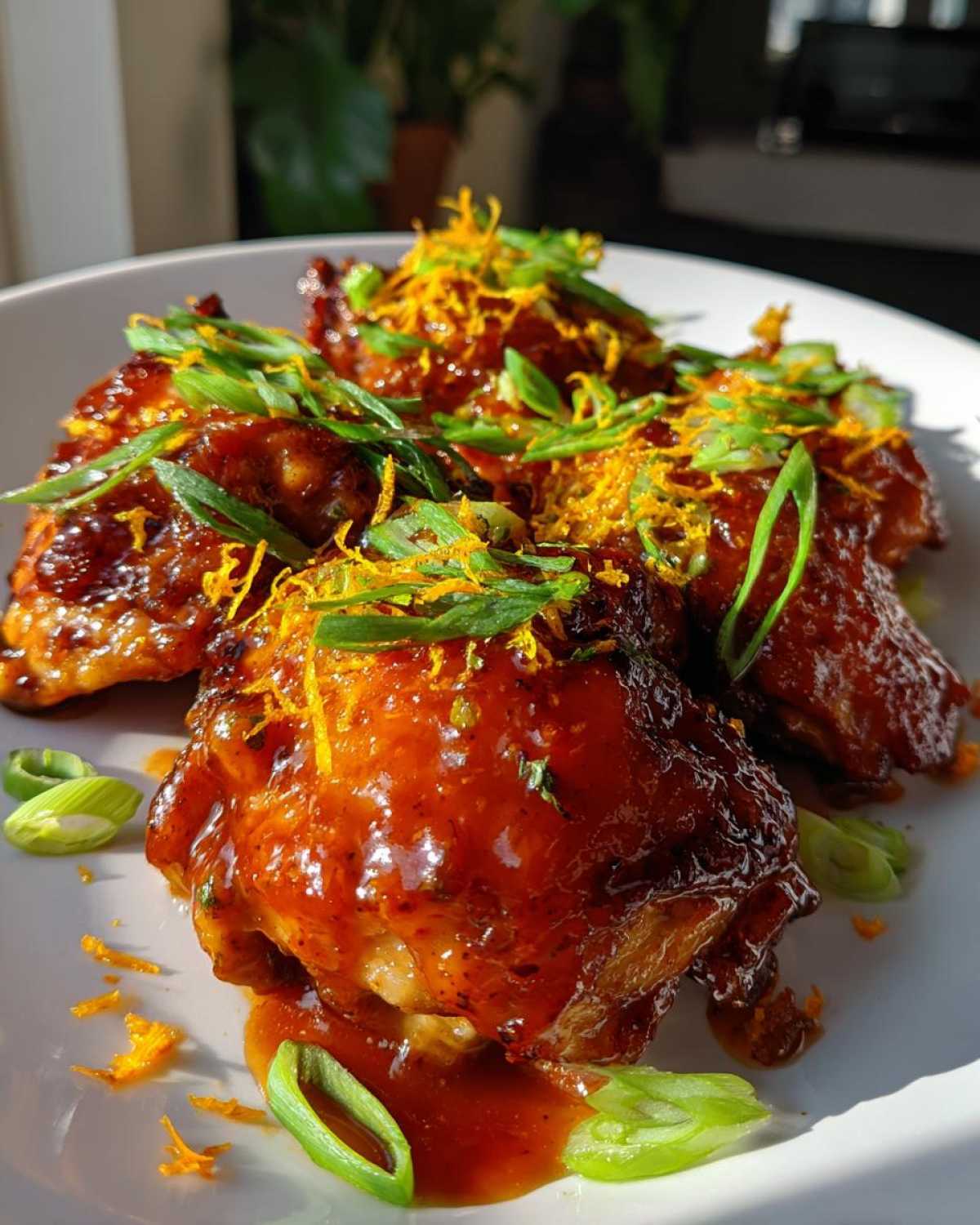 Close-up of Sticky Orange Chicken Thighs coated in a thick, glossy glaze and garnished with orange zest and green onions.