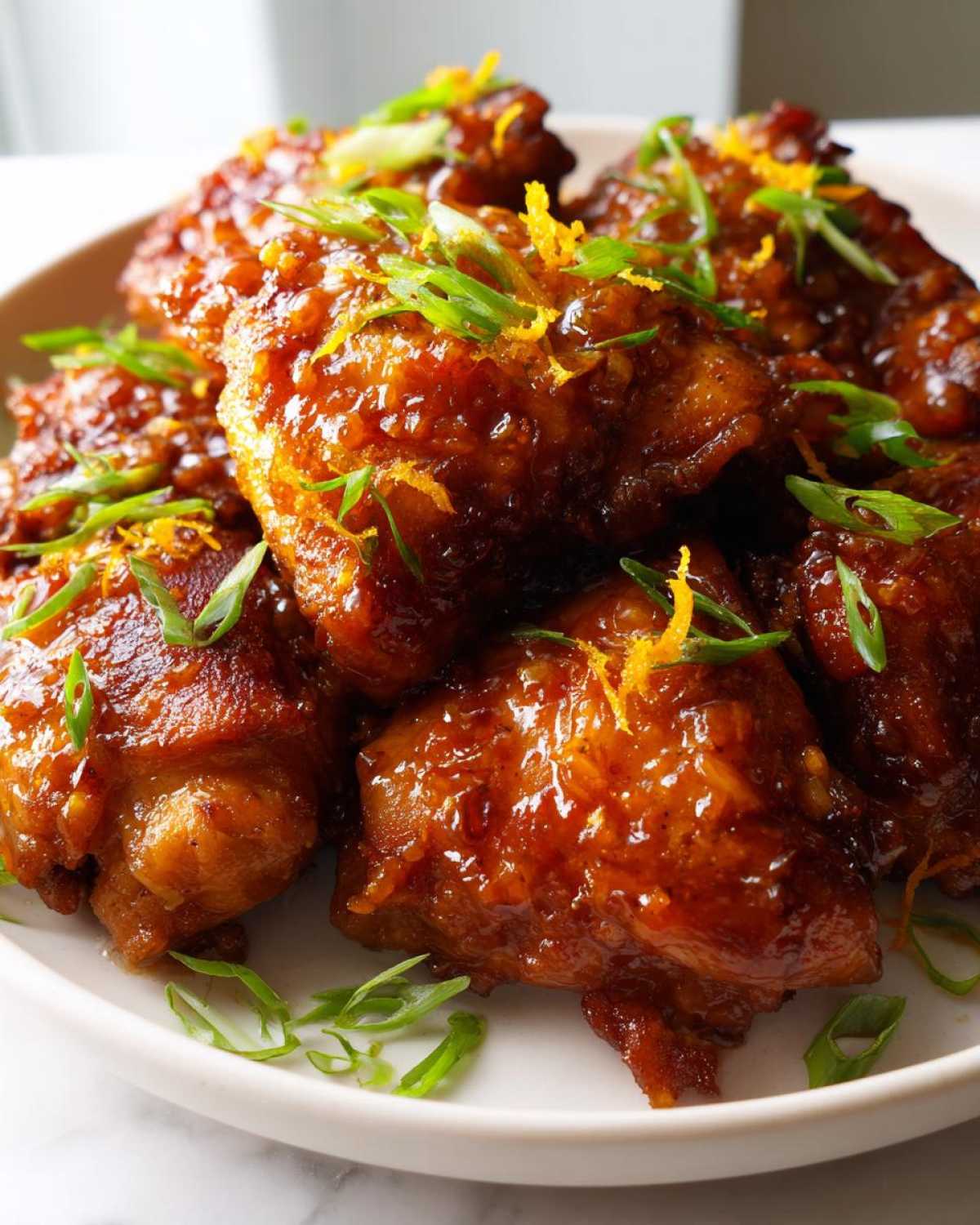 Close-up of Sticky Orange Chicken Thighs coated in a glossy sauce and garnished with green onions and orange zest.