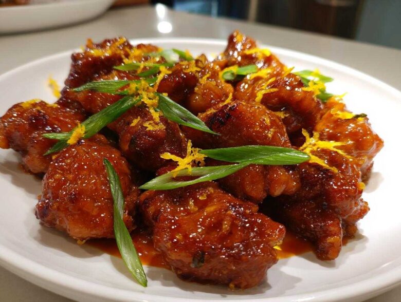 Close-up of glazed Sticky Orange Chicken Thighs topped with bright orange zest and green scallions.