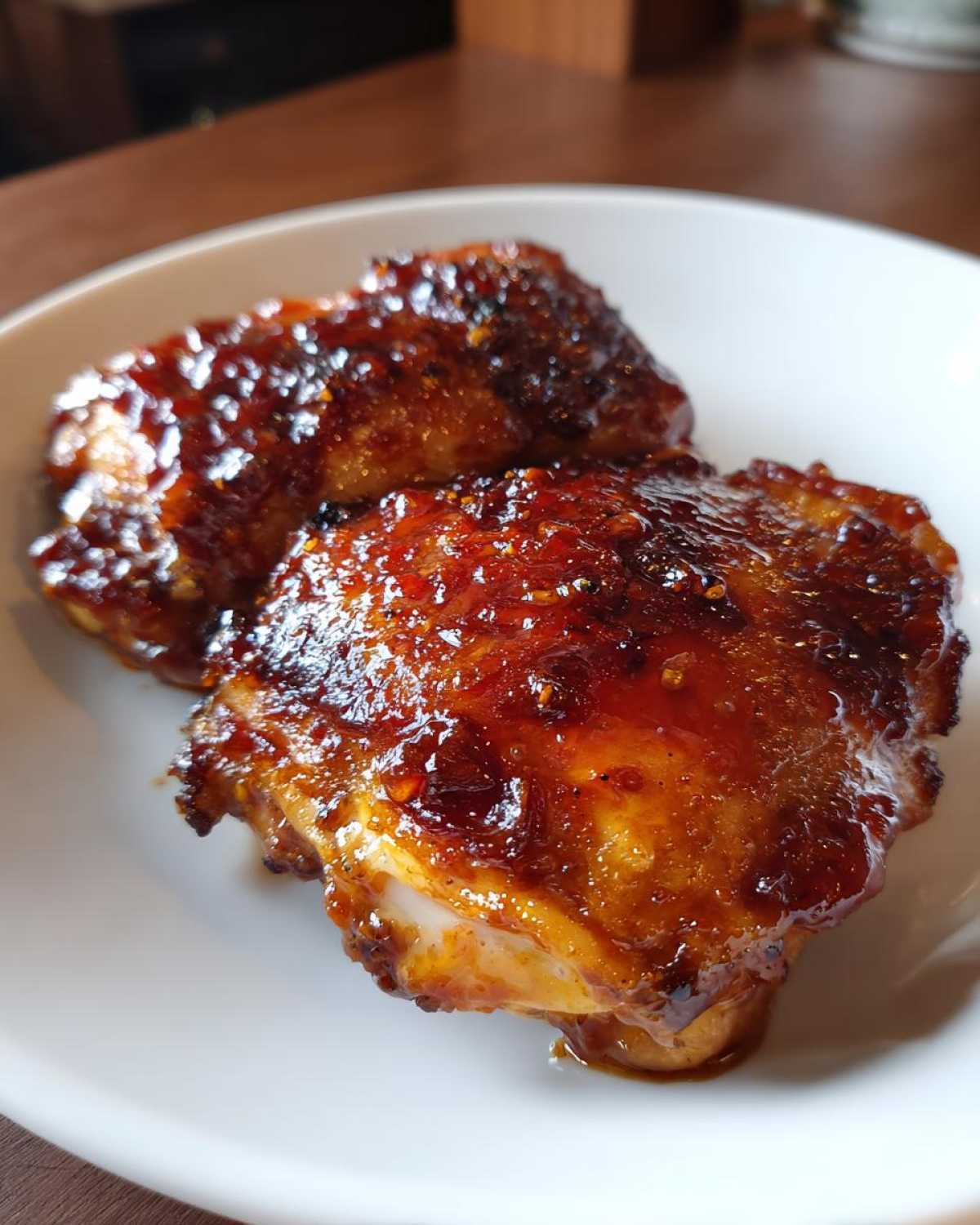Close-up of two oven-baked chicken thighs coated in a thick, glossy, sticky sweet chili glaze.