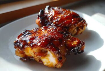 Two pieces of glossy, caramelized Sticky Sweet Chili Chicken Thighs Oven Baked, sprinkled with sesame seeds on a white plate.