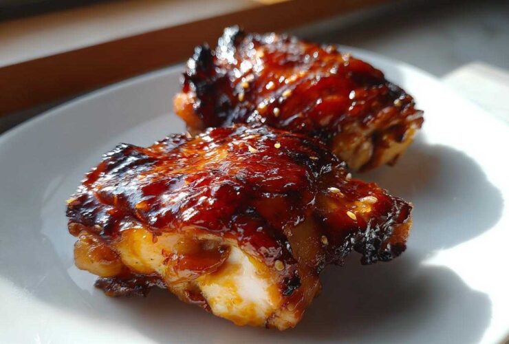 Two pieces of glossy, caramelized Sticky Sweet Chili Chicken Thighs Oven Baked, sprinkled with sesame seeds on a white plate.