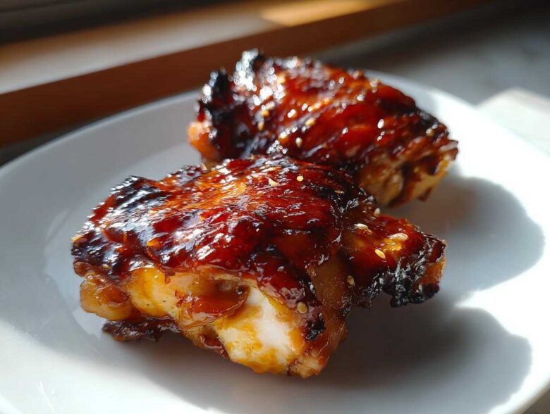 Two pieces of glossy, caramelized Sticky Sweet Chili Chicken Thighs Oven Baked, sprinkled with sesame seeds on a white plate.
