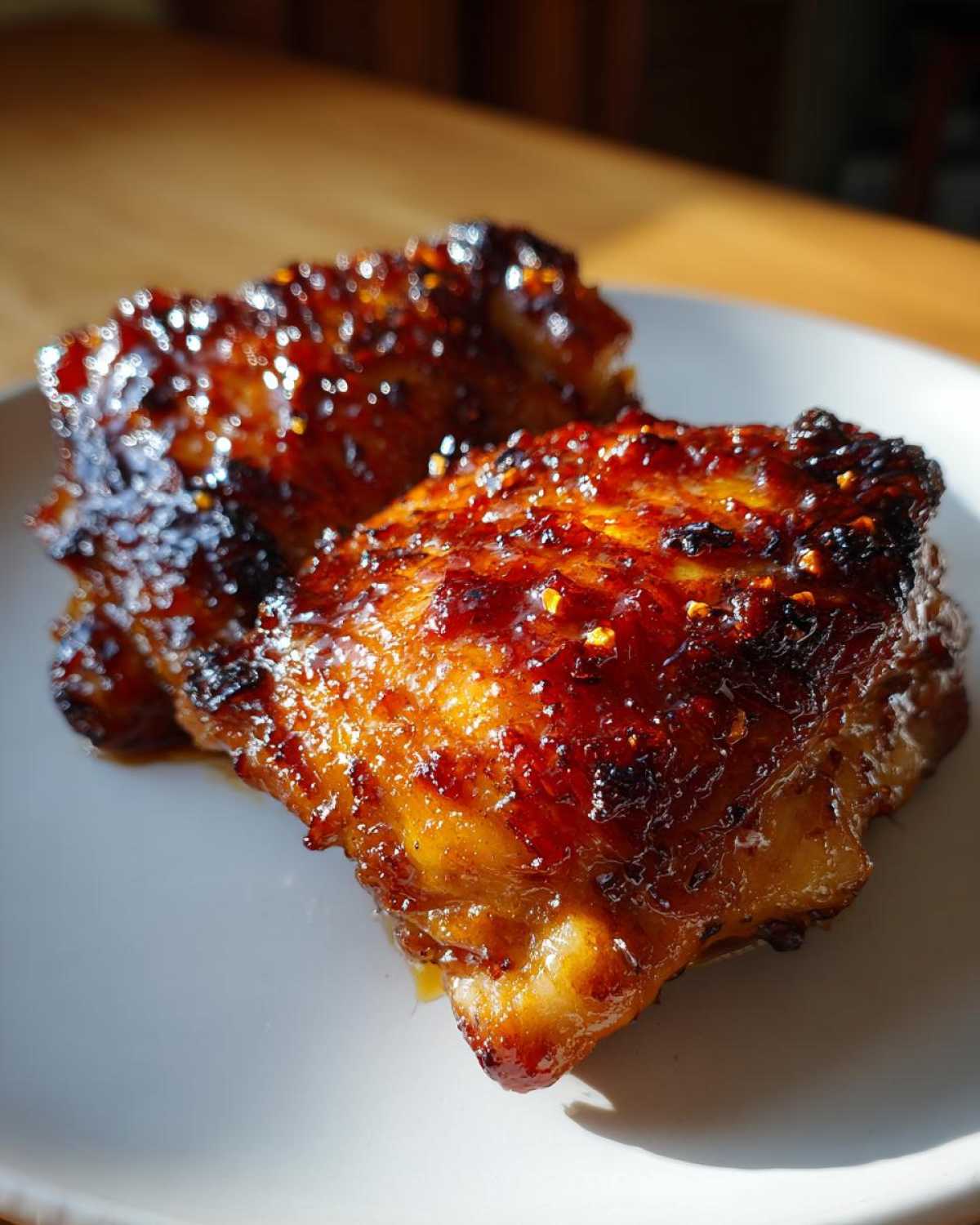 Close-up of two glossy, caramelized Sticky Sweet Chili Chicken Thighs Oven Baked pieces on a white plate.