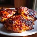 Close-up of perfectly baked Sticky Sweet Chili Chicken Thighs with a glossy, caramelized glaze.