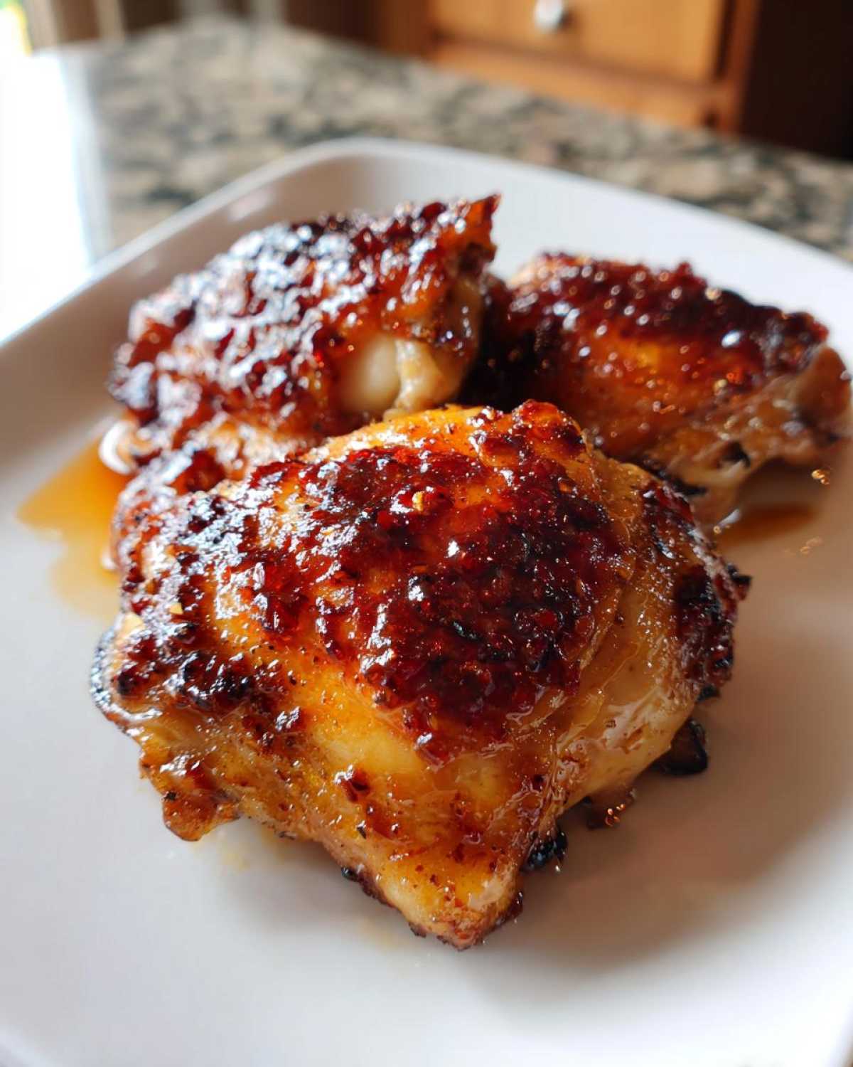 Close-up of three oven-baked Sticky Sweet Chili Chicken Thighs with a thick, glossy, caramelized glaze.