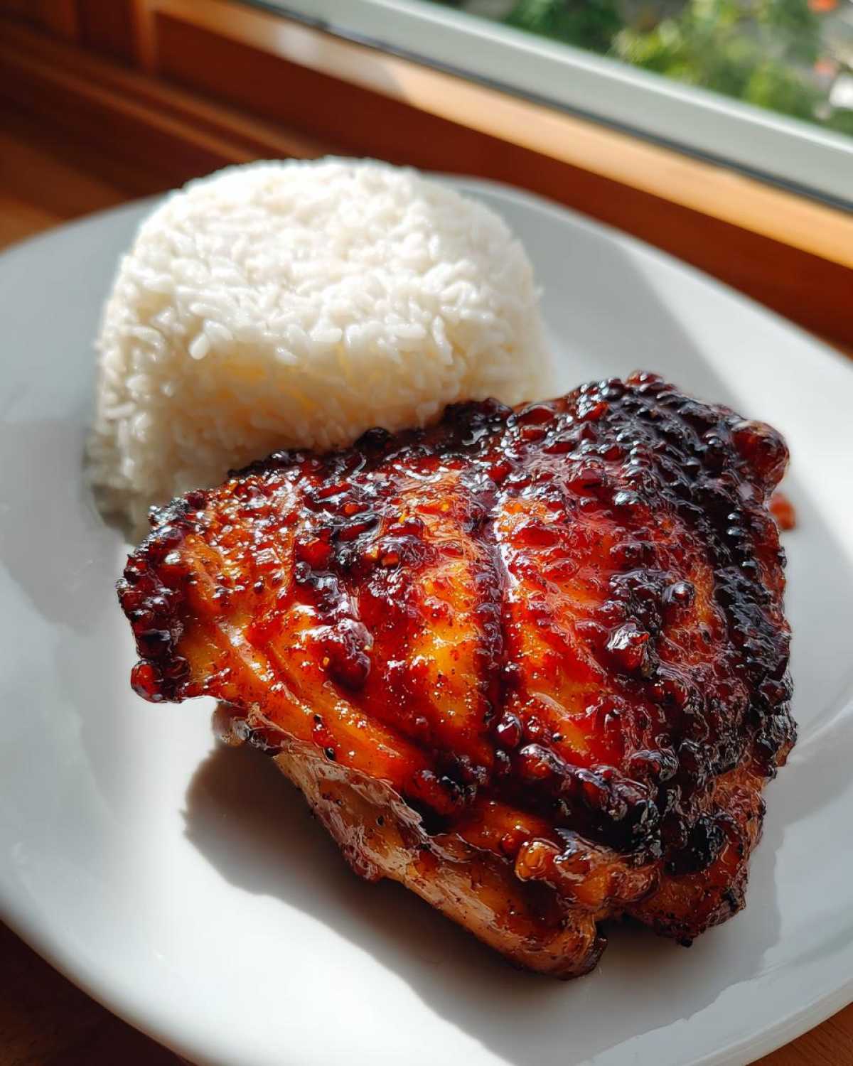 A perfectly cooked Sticky Sweet Chili Chicken Thighs glazed with a dark, shiny sauce, served next to a mound of white rice on a white plate.