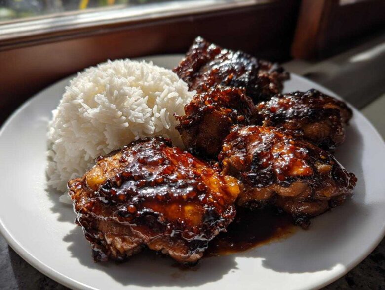 Four glazed Sticky Sweet Chili Chicken Thighs served next to a mound of fluffy white rice on a white plate.