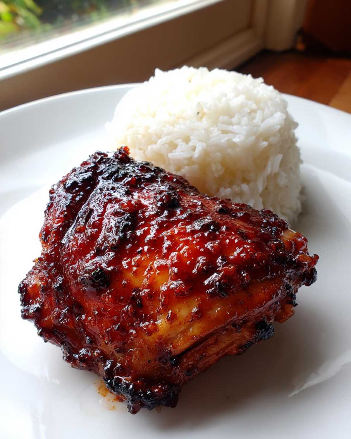 A close-up of a glazed Sticky Sweet Chili Chicken Thigh served next to a mound of white rice on a white plate.
