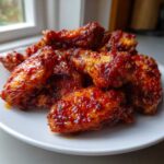 A pile of oven-baked Sticky Sweet Chili Chicken Wings Crispy Oven coated in a glossy, dark red sauce on a white plate.