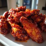 A close-up of crispy oven Sticky Sweet Chili Chicken Wings coated in a thick, glossy red sauce.