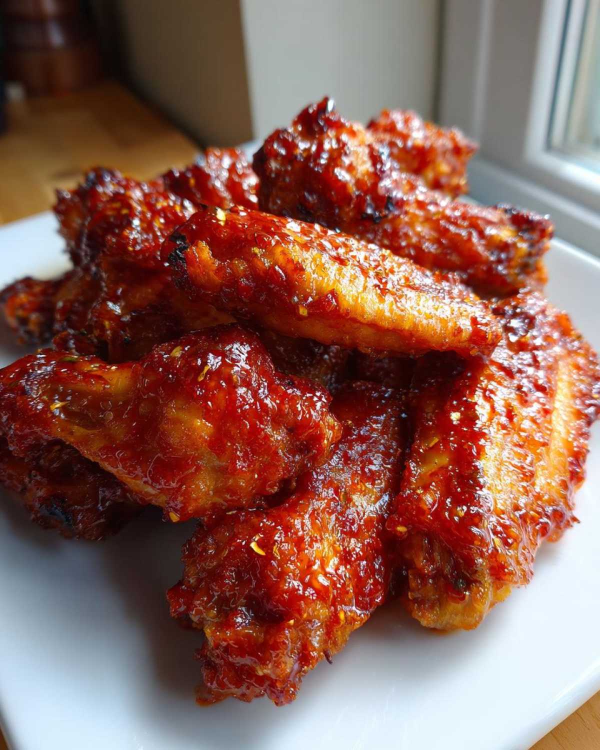 Close-up of glistening, saucy Sticky Sweet Chili Chicken Wings Crispy Oven baked on a white plate.