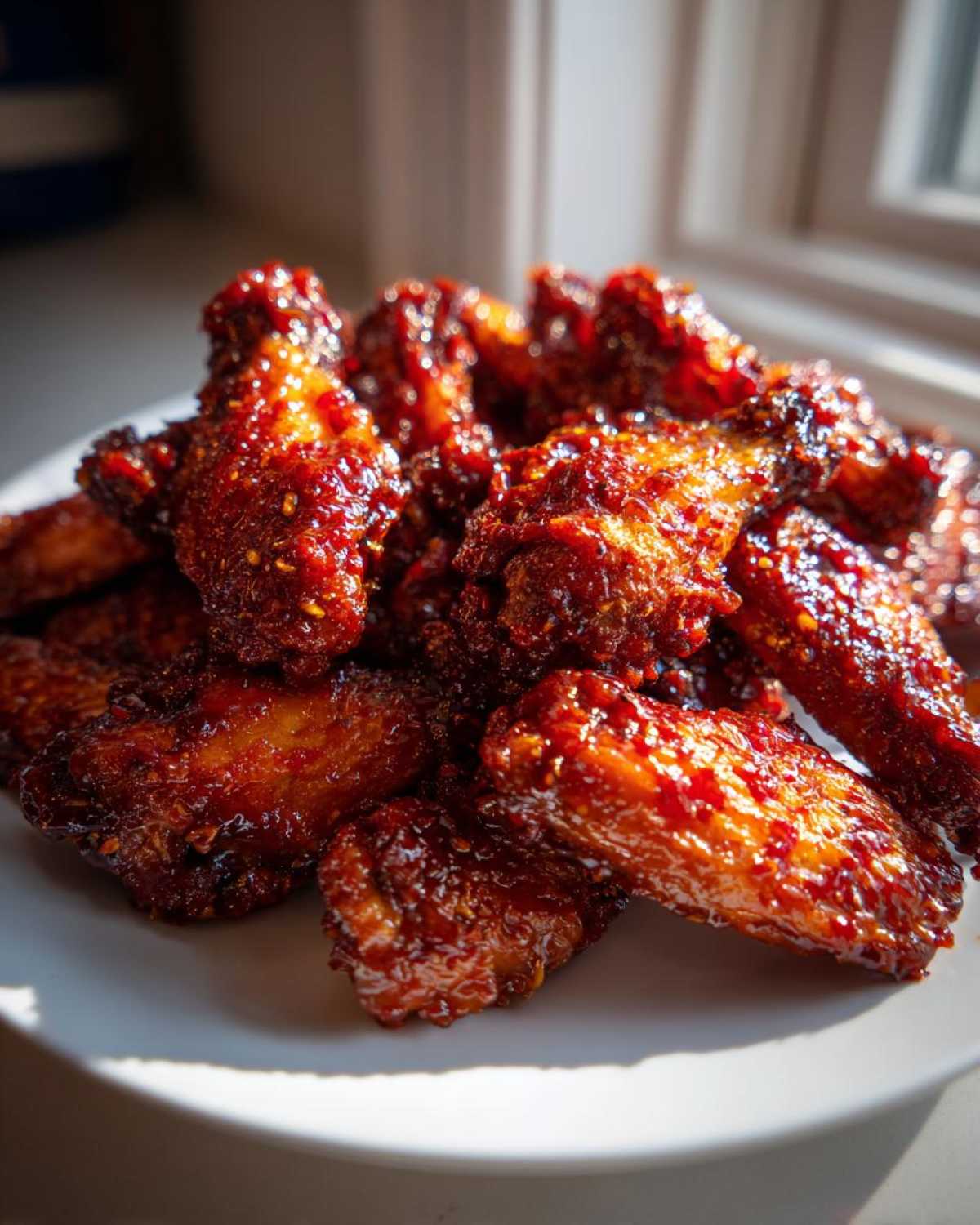 A pile of glistening, crispy oven Sticky Sweet Chili Chicken Wings coated in a dark red, spicy glaze.