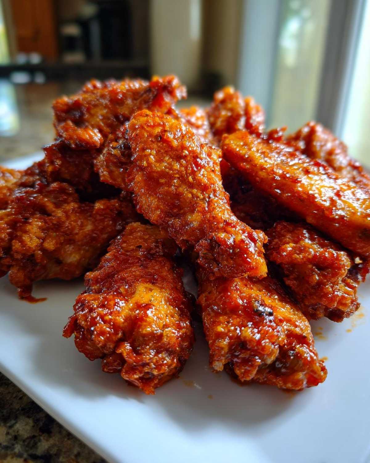 A close-up of crispy oven-baked Sticky Sweet Chili Chicken Wings piled high on a white plate.