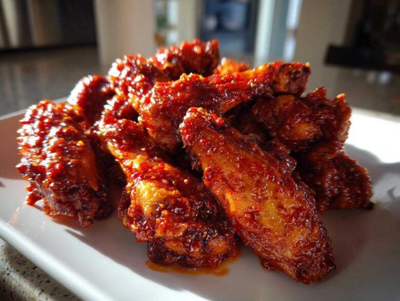 A close-up of crispy oven Sticky Sweet Chili Chicken Wings coated in a thick, glossy red sauce.