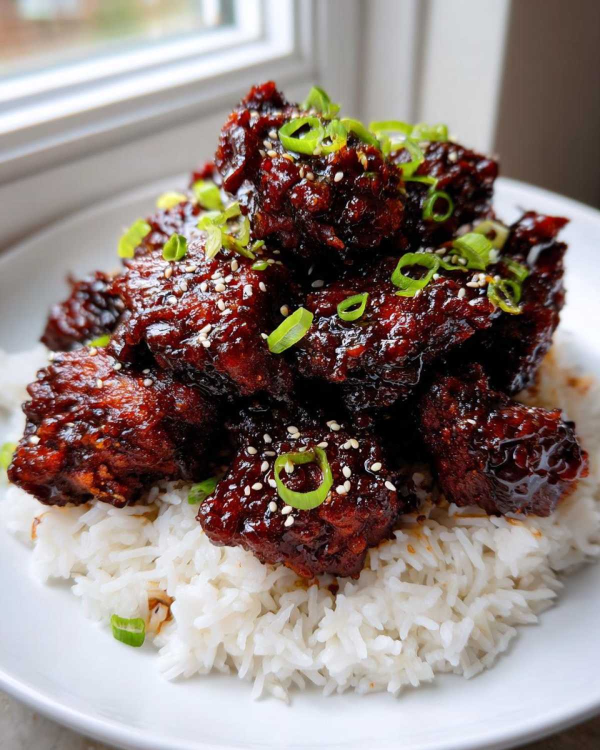 A mound of glossy, dark Sticky Sweet Soy Chicken served over fluffy white rice and garnished with green onions and sesame seeds.