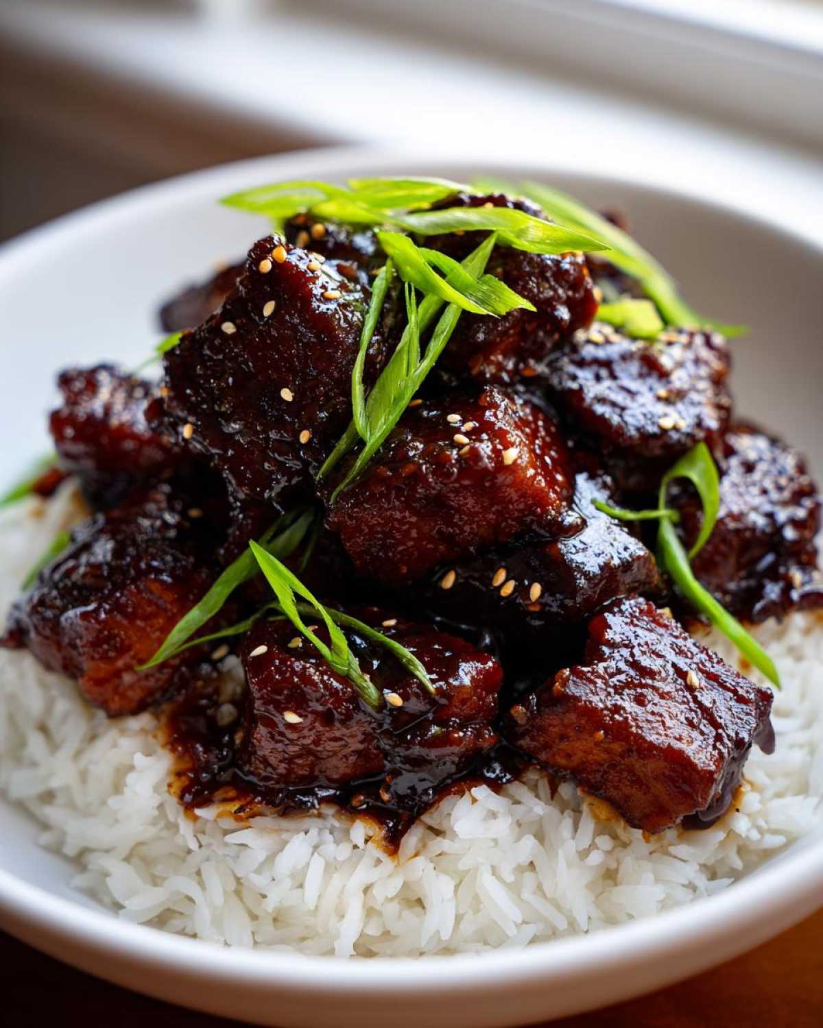 Cubes of Sticky Sweet Soy Chicken coated in dark glaze served over white rice and garnished with green onions.