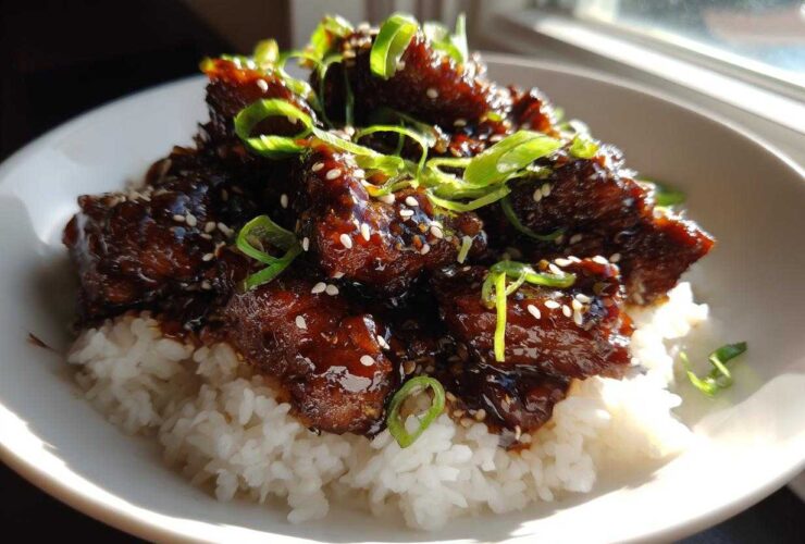 Close-up of Sticky Sweet Soy Chicken with Rice, glazed dark brown and topped with green onions and sesame seeds.
