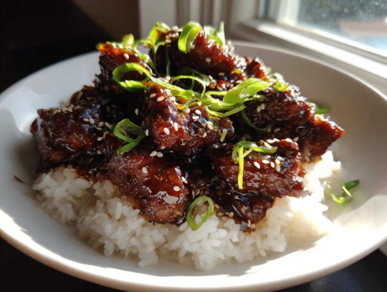 Close-up of Sticky Sweet Soy Chicken with Rice, glazed dark brown and topped with green onions and sesame seeds.