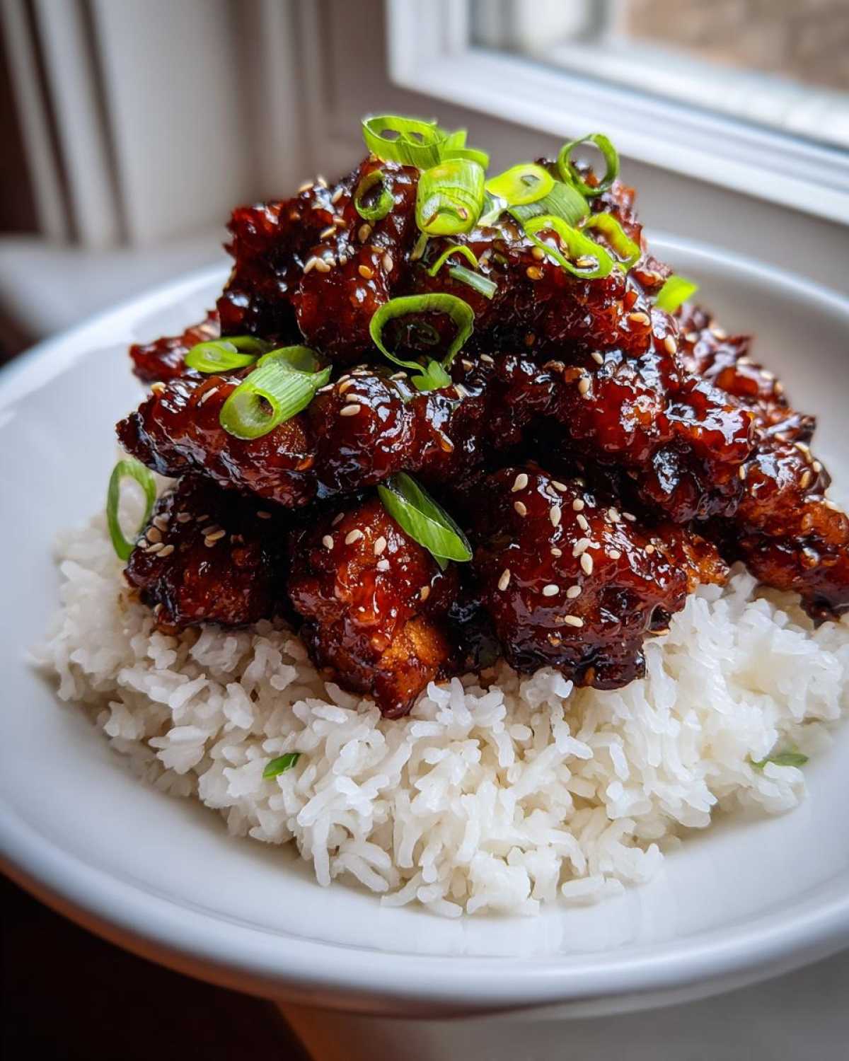 A close-up of Sticky Sweet Soy Chicken pieces piled high over white rice, garnished with sesame seeds and green onions.