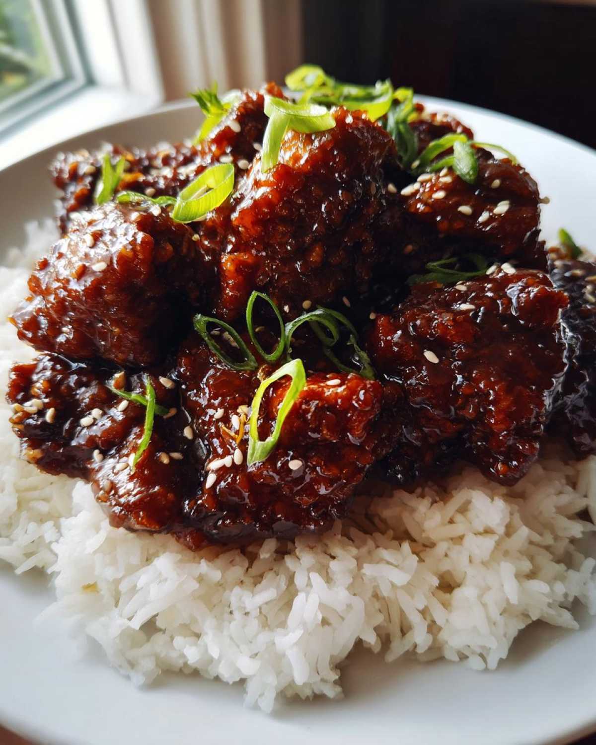 Close-up of Sticky Sweet Soy Chicken coated in dark glaze, served over fluffy white rice and garnished with green onions.