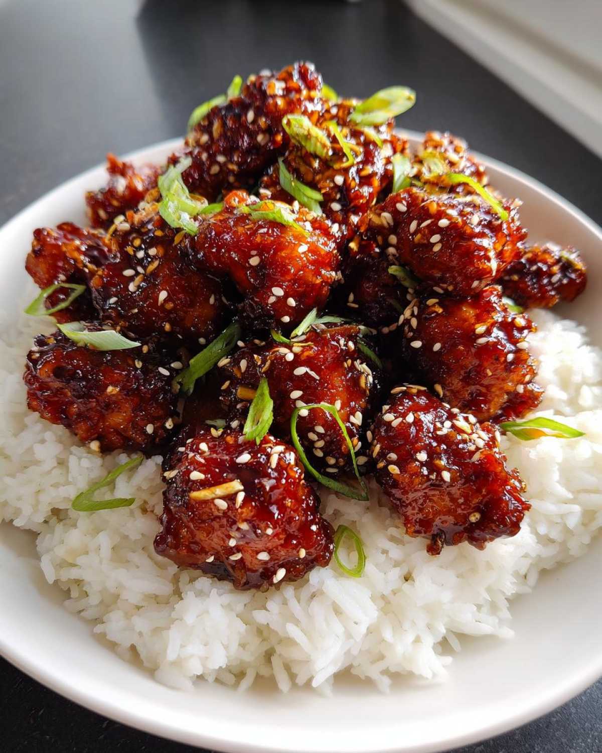 Close-up of Sticky Teriyaki Chicken Bites glazed with sauce, sprinkled with sesame seeds, and served over fluffy white rice.