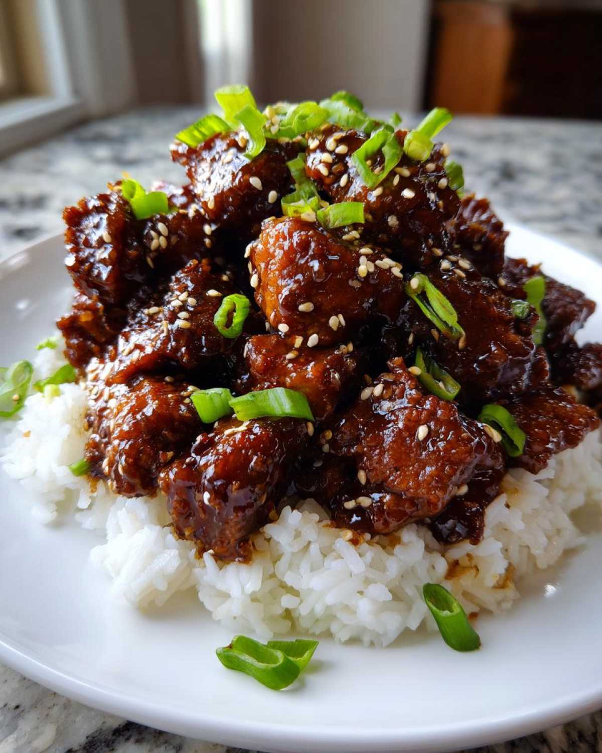 A mound of Sticky Teriyaki Chicken Bites coated in a dark glaze, served over white rice and topped with sesame seeds and green onions.