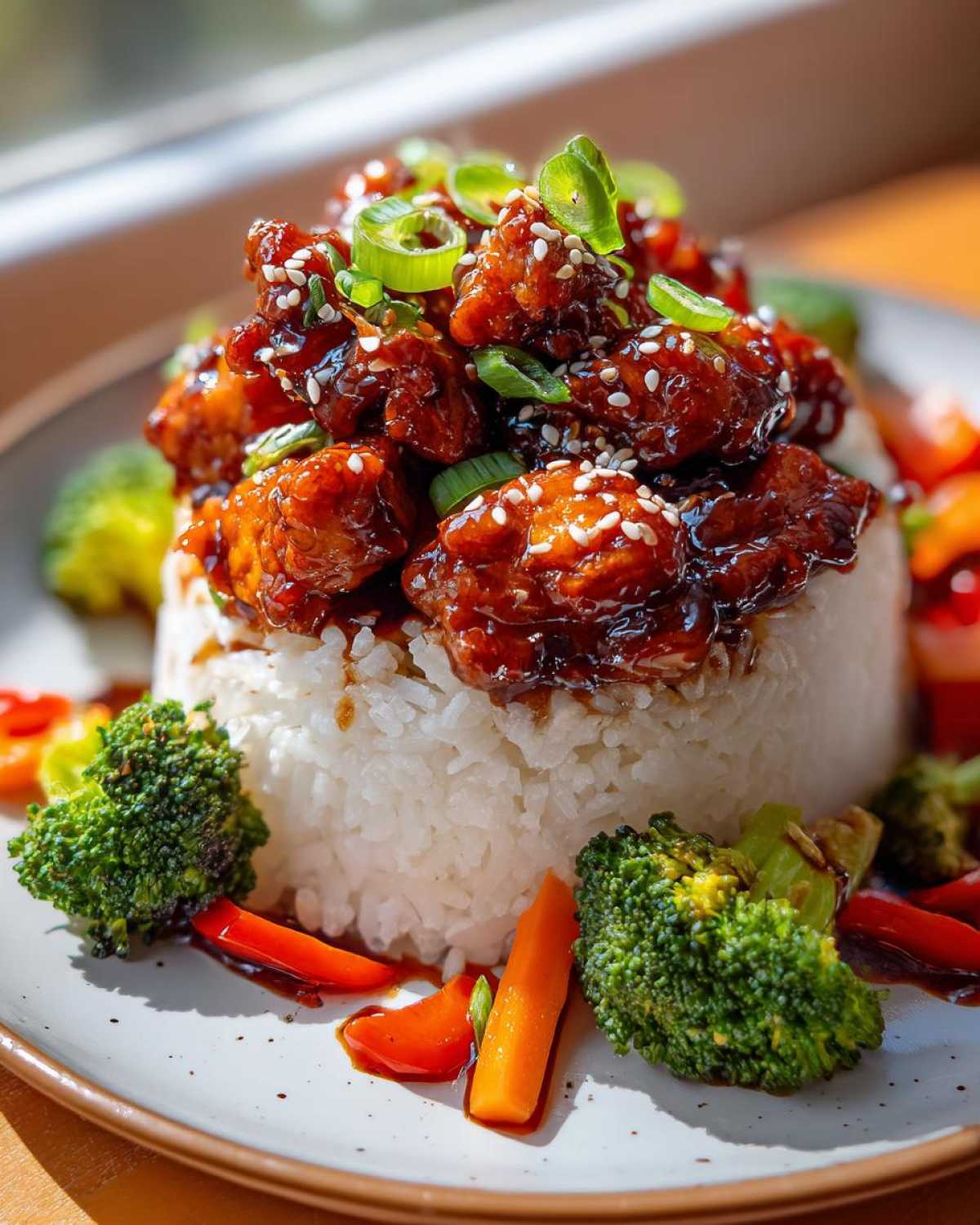 Close-up of a Sticky Teriyaki Chicken Bowl featuring glazed chicken pieces over white rice, garnished with sesame seeds, scallions, broccoli, and carrots.