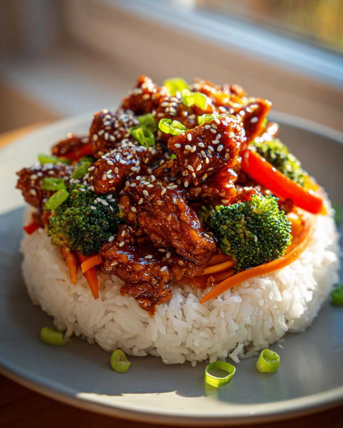 Close-up of a Sticky Teriyaki Chicken Bowl featuring glazed chicken, broccoli, carrots, and white rice, topped with sesame seeds.