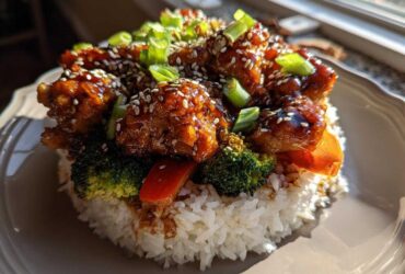 A perfectly molded Sticky Teriyaki Chicken Bowl with rice, broccoli, peppers, and sesame seeds.