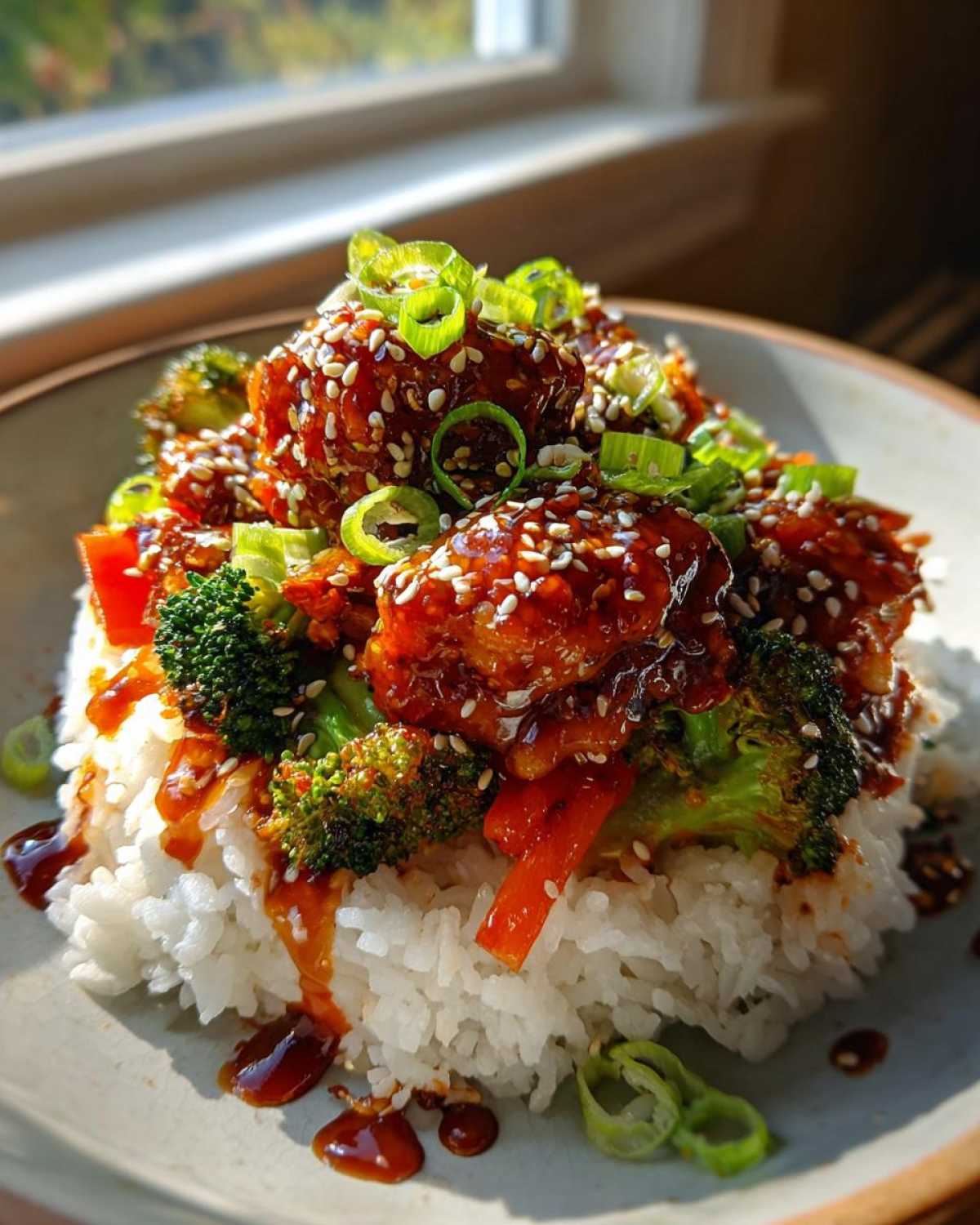 Close-up of a Sticky Teriyaki Chicken Bowl with veggies, featuring glazed chicken pieces over white rice, topped with sesame seeds and green onions.