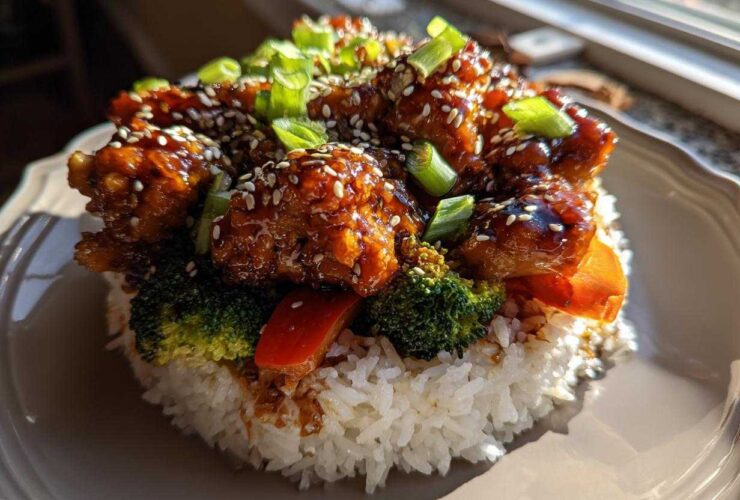 A perfectly molded Sticky Teriyaki Chicken Bowl with rice, broccoli, peppers, and sesame seeds.