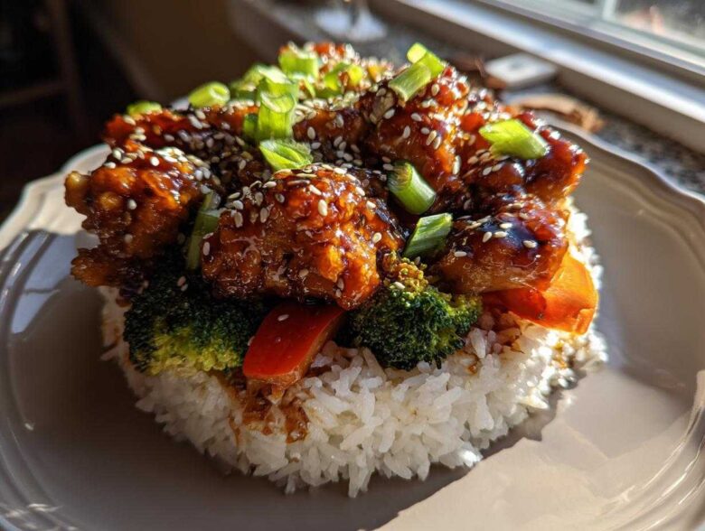 A perfectly molded Sticky Teriyaki Chicken Bowl with rice, broccoli, peppers, and sesame seeds.